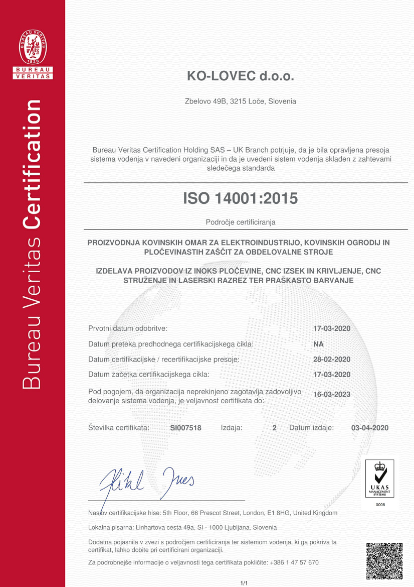 ISO 14001:2015 certificate