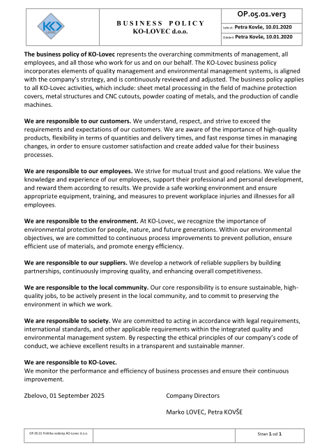 Corporate Business Policy KO-LOVEC (English)
