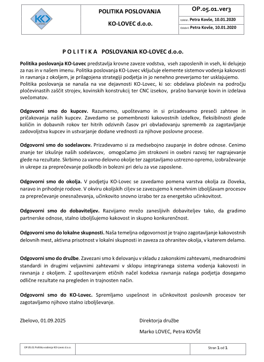 KO-LOVEC d.o.o. Business Policy (Slovenian)